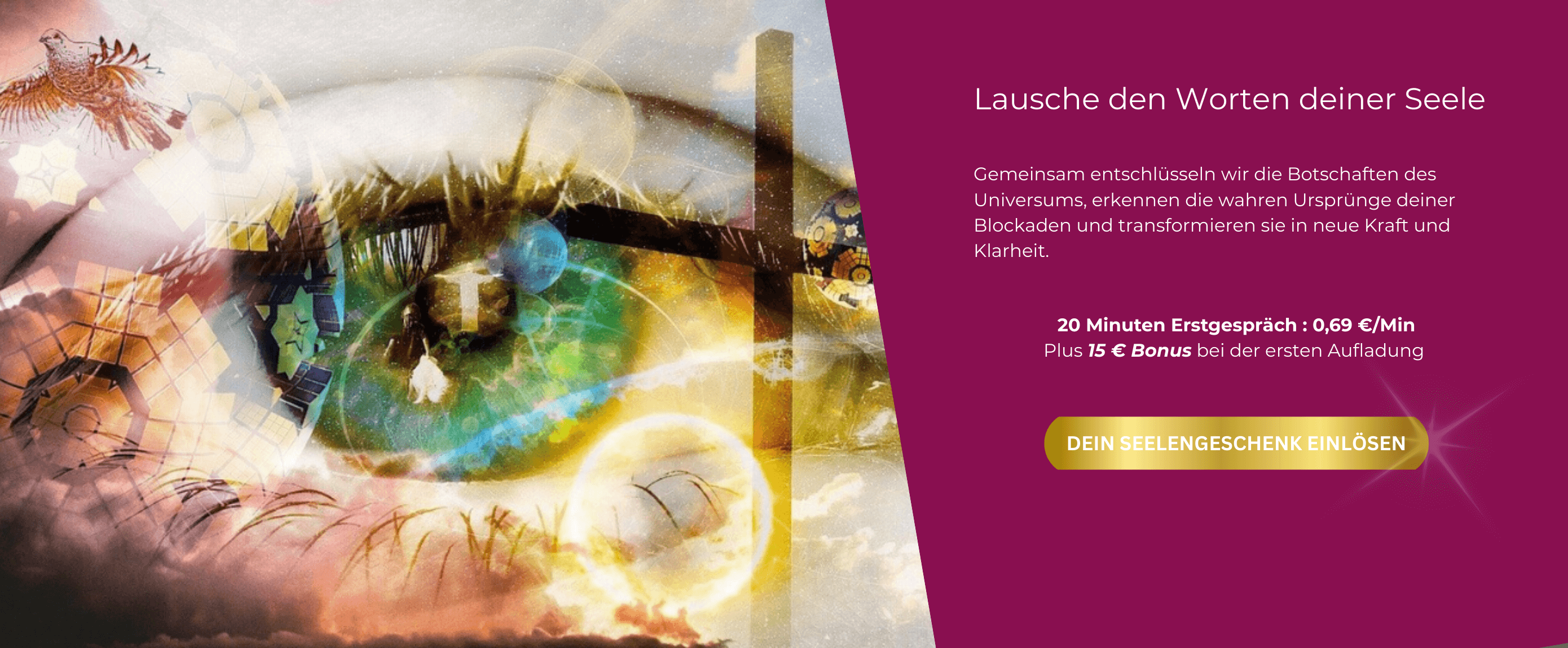 Ein spirituelles, mystisches Motiv: Ein großes Auge im Zentrum, umgeben von Planeten, geometrischen Mustern, Lichtstrahlen und einer weißen Taube. Das Bild vermittelt Spiritualität, Intuition und die Verbindung zur Seele.