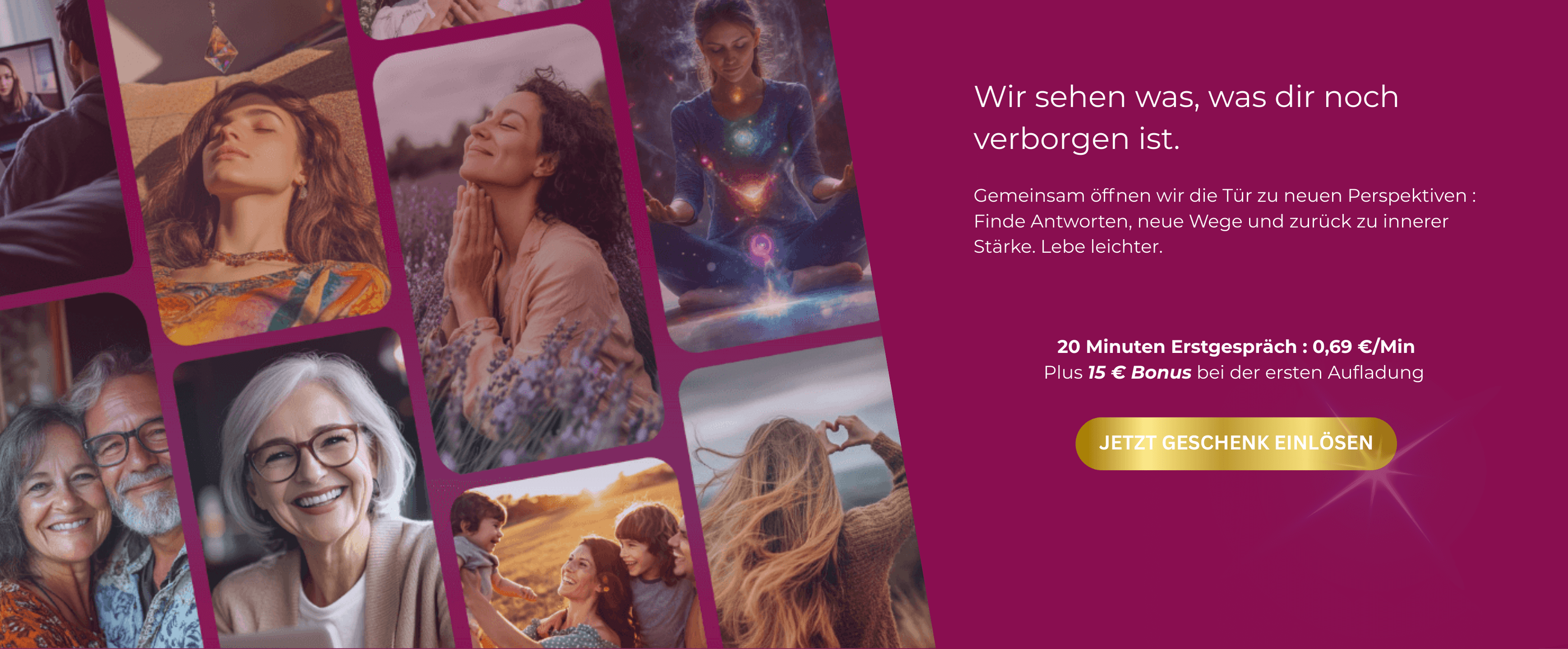 Werbegrafik für VIA.DIO Sternecoaching. Links Collage mit Menschen in meditativen, spirituellen oder glücklichen Momenten. Rechts violetter Hintergrund mit Text: „VIA.DIO Sternecoaching – Finde Klarheit & neue Wege“. Angebot: 20 Minuten Coaching für 0